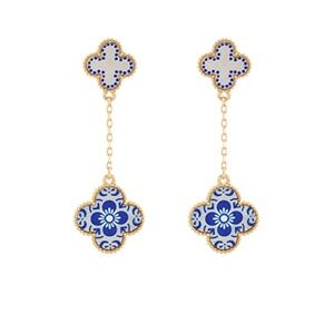 Blue Patterned 2 Clover Linked Earrings
